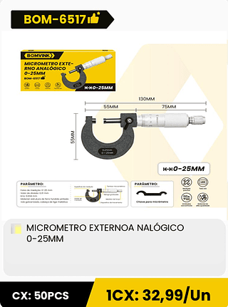 MICROMETRO EXTERNOA NALÓGICO 0-25MM CX: 50PCS 1CX: 32,99/Un