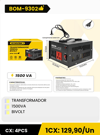 TRANSFORMADOR 1500VA BIVOLT CX: 4PCS 1CX: 129,90/Un