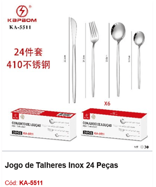 Jogo de Talheres Inox 24 Peças R$ 31,5 PCS/CX: 30