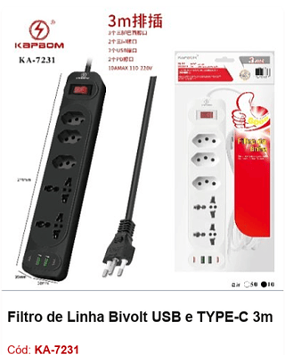 Filtro de Linha Bivolt USB e TYPE-C 3m R$ 29,7 PCS/CX:60