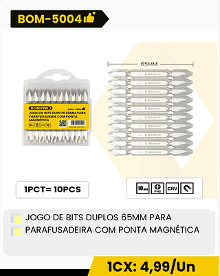 JOGO DE BITS DUPLOS 65MM PARA PARAFUSADEIRA COM PONTA MAGNÉTICA CX: 100PCS 1CX: 4,99/Un