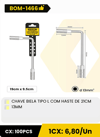 CHAVE BIELA TIPO L COM HASTE DE 21CM 13MM CX: 100PCS ICX: 6,80/Un