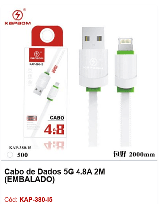 Cabo de Dados 5G 4.8A 2M R$ 3,87 PCS/Cx:500