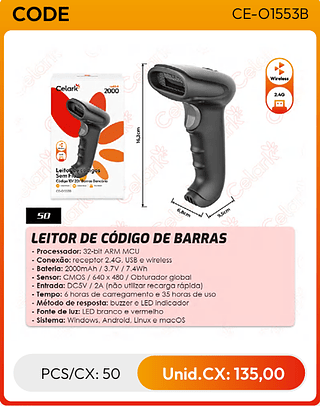 LEITOR DE CÓDIGO DE BARRAS PCS/CX: 50 Unid.CX: 135,00