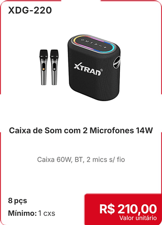Caixa de Som com 2 Microfones 14W 8 pçs R$ 210,00