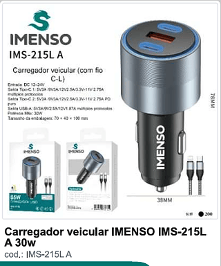 Carregador veicular IMENSO 30w 200PC/CX R$18