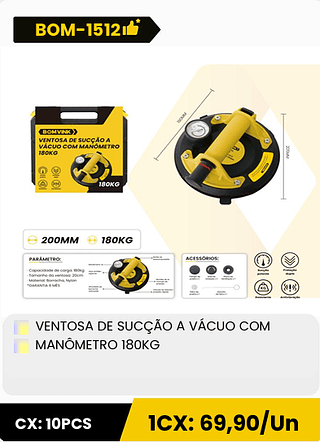 VENTOSA DE SUCÇÃO A VÁCUO COM MANÔMETRO 180KG CX: 10PCS 1CX: 69,90/Un