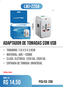 ADAPTADOR DE TOMADAS COM USB PCS/CX: 200 UNID. CX: r$ 14,50