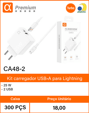 Kit carregador USB-A para Lightning Caixa 300 PCS Preco Unitario 18,00