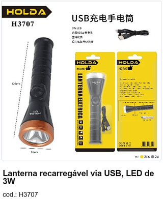 Lanterna recarregável via USB, LED de 3W R$ 9 PC/CX:240