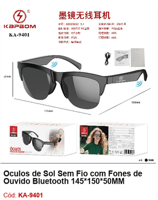 Óculos de Sol Sem Fio com Fones de Ouvido Bluetooth 145*150*50MM R$28,8 PCS/CX:100