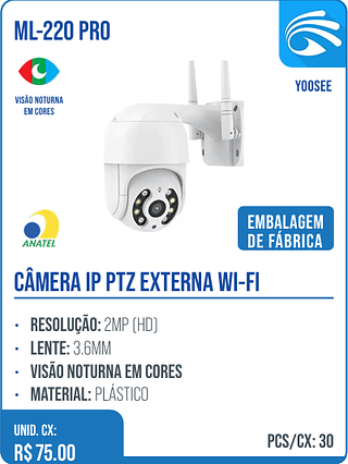 CÂMERA IP PTZ EXTERNA WI-FI UNID. CX: R$ 75.00 PCS/CX: 30