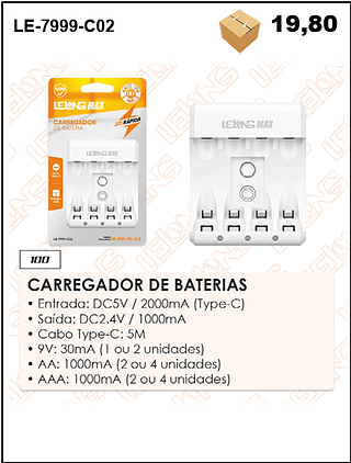 CARREGADOR DE BATERIAS 100PÇ=19,8$