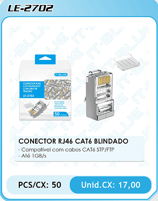 CONECTOR RJ46 CAT6 BLINDADO PCS/CX: 50 Unid.CX: 17,00