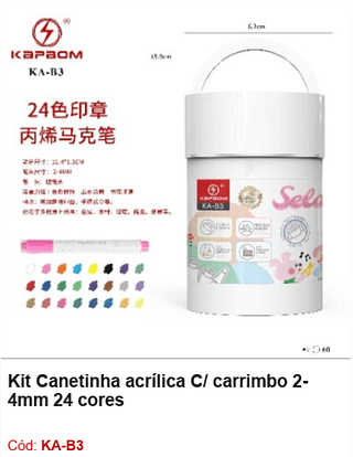 Kit Canetinha acrílica C/ carrimbo 24mm 24 cores R$ 10,8 PCS/CX: 60