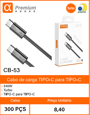 Cabo de carga TIPO-C para TIPO-C 240W Turbo TIPO-C para TIPO-C Caixa 300 PCS Preco Unitario 8,40