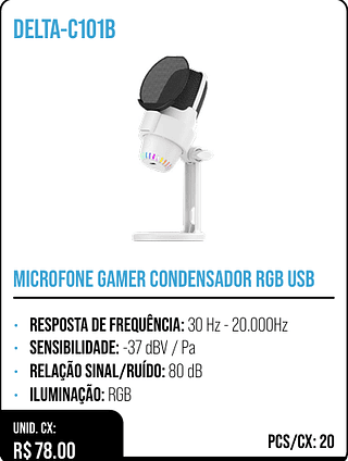 MICROFONE GAMER CONDENSADOR RGB USB UNID. CX: R$ 78.00 PCS/CX: 20