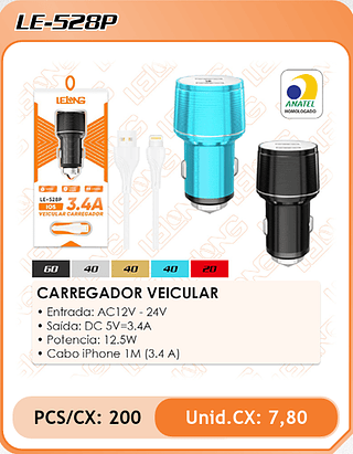 CARREGADOR VEICULAR 200PÇ=7,8$