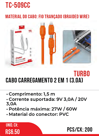 Cabo Carregamento 2 EM 1 (3.0A) Turbo 200pç=6,5$