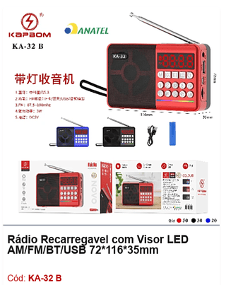 Rádio Recarregavel com Visor LED AM/FM/BT/USB 72*116*35mm R$17,1 PCS/cx:100