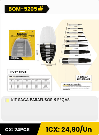 KIT SACA PARAFUSOS 8 PEÇAS CX: 24PCS 1CX: 24,90/Un