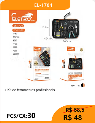 Kit de ferramentas profissionais PCS/CX:30 R$48