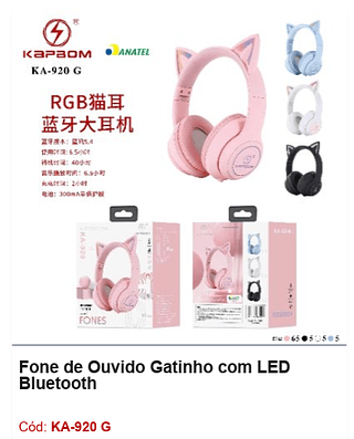 Fone de Ouvido Gatinho com LED Bluetooth R$31,5 PCS/CX:80