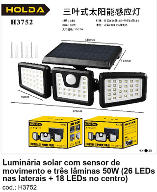 Luminária solar com sensor de movimento e três lâminas 50W (26 LEDs nas laterais + 18 LEDs no centro) R$ 38,7 PC/CX:48