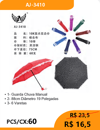 Guarda Chuva Manual PCS/CX:60 R$ 16,5