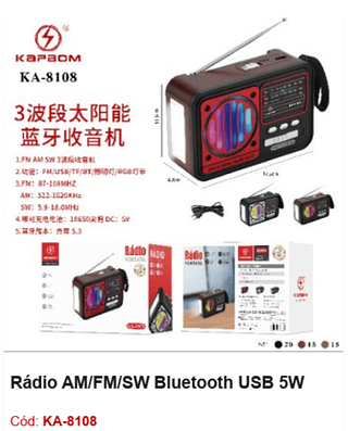 Rádio AM/FM/SW Bluetooth USB 5W R$40,5 PCS/CX:50