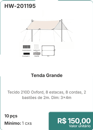 Tenda Grande 10 pçs R$ 150,00