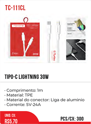 tipo-c lightning 30w 300pç=5,7$