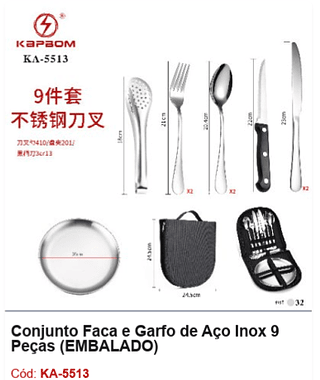 Conjunto Faca e Garfo de Aço Inox 9 Peças R$ 31,5 PCS/Cx: 32