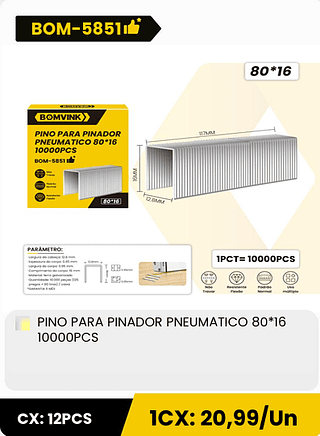 PINO PARA PINADOR PNEUMATICO 80*16 10000PCS CX: 12PCS 1CX: 20,99/Un