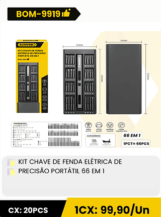 KIT CHAVE DE FENDA ELÉTRICA DE PRECISÃO PORTÁTIL 66 EM 1 CX: 20PCS 1CX: 99,90/Un