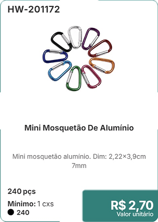 Mini Mosquetão De Alumínio 240 pçs R$ 2.70