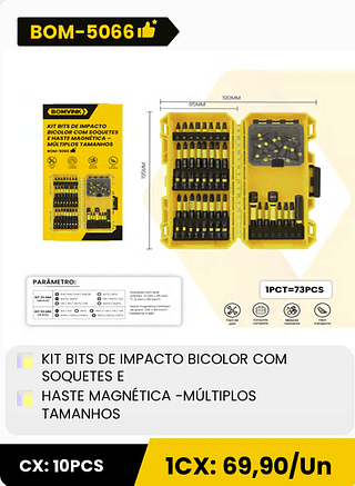 KIT BITS DE IMPACTO BICOLOR COM SOQUETES E HASTE MAGNÉTICA -MÚLTIPLOS TAMANHOS CX: 10PCS 1CX: 69,90/Un