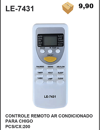 CONTROLE REMOTO AR CONDICIONADO PARA CHIGO 200PÇ=9,9$