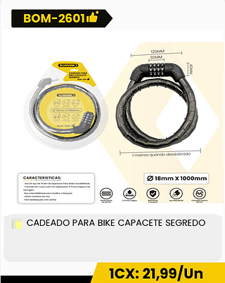CADEADO PARA BIKE CAPACETE SEGREDO CX: 40PCS 1CX: 21,99/Un