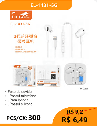 FONE DE OUVIDO LIGHTNING PCS/CX: 300 R$6,49