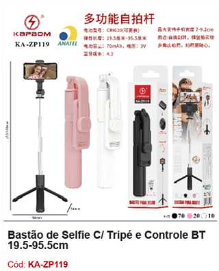 Bastão de Selfie C/ Tripé e Controle BT 19.5-95.5cm R$ 12,6 PCS/CX:100