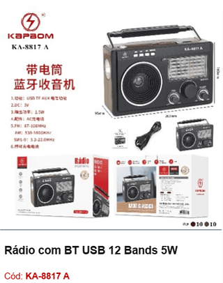 Rádio com BT USB 12 Bands 5W R$72 PCS/cx:20