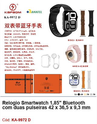 Relogio Smartwatch 1,85" Bluetooth com duas pulseiras 42 x 36,5 x 9,3 mm R$ 122,4 PCS/CX:100