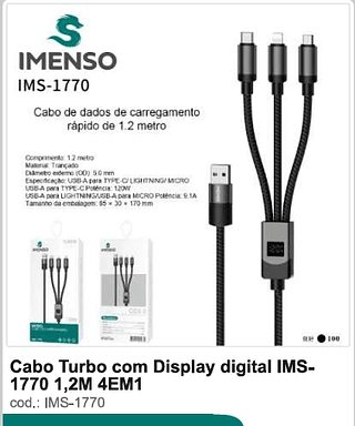 Cabo Turbo com Display digital 4 EM 1 100PC/CX R$12,6
