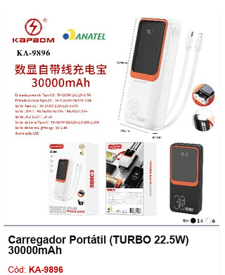 Carregador Portátil (TURBO 22.5W) 30000mAh R$78,3 PCS/CX: 20