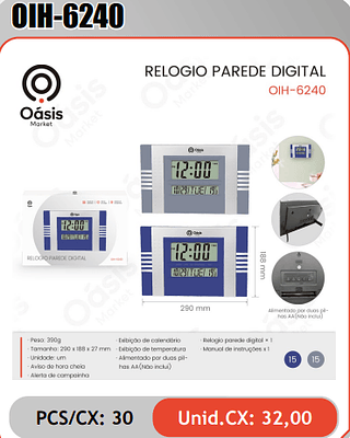 RELOGIO PAREDE DIGITAL PCS/CX: 30 Unid.CX: 32,00