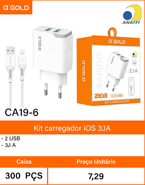 Kit carregador iOS 3.1A Caixa 300 PCS Preco Unitario 7,29