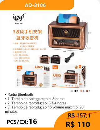 Rádio Bluetooth PCS/CX:16 R$110