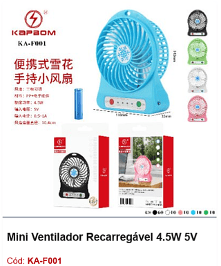 Mini Ventilador Recarregável 4.5W 5V R$ 9,9 PCS/CX: 100