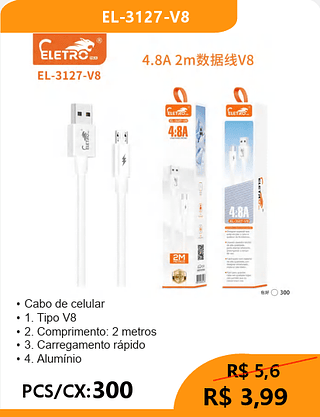 CABO V8 PCS/CX:300 R$3,99